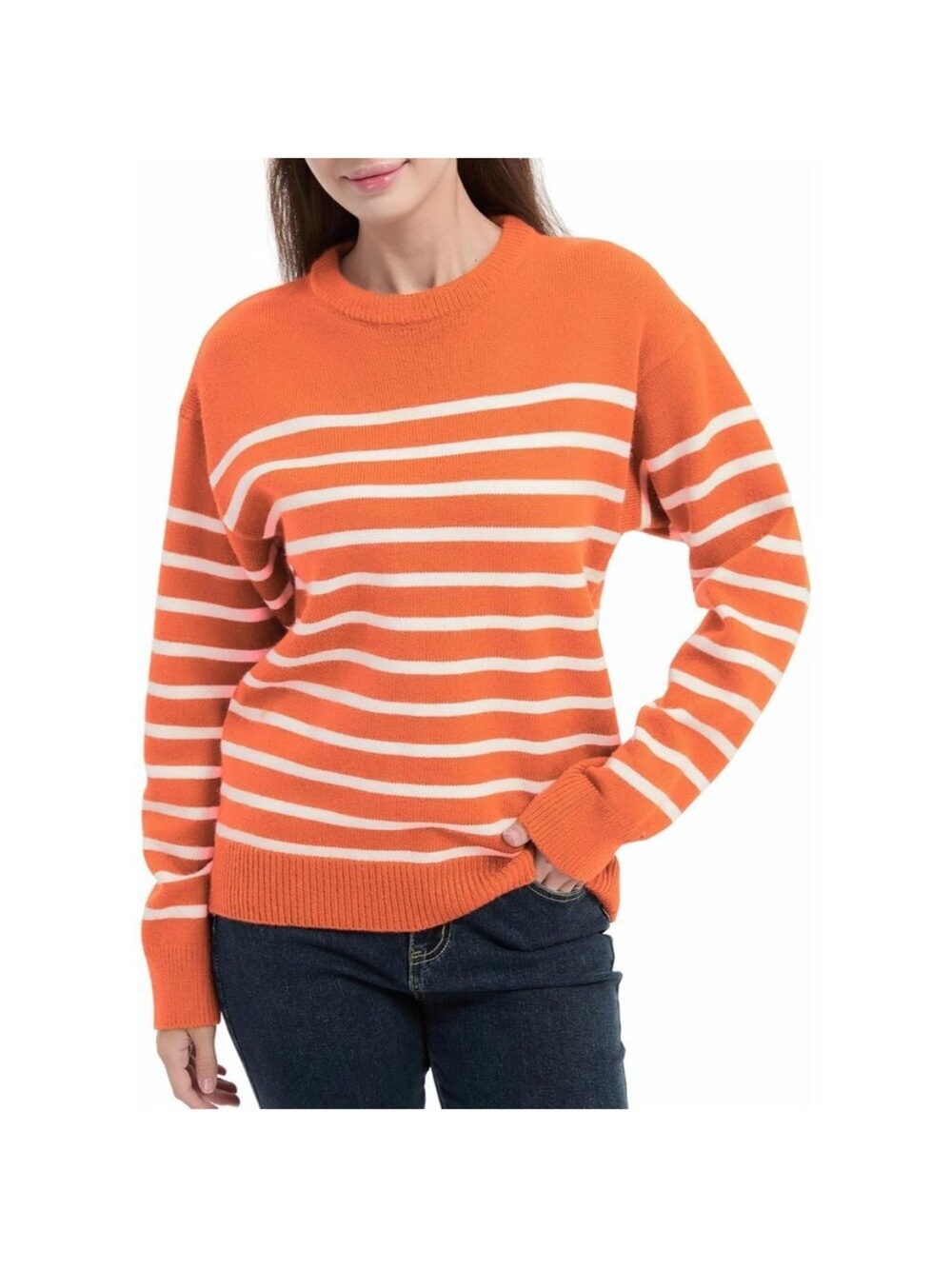 Women's Orange and Cream Striped Crewneck Sweater nwt size large
